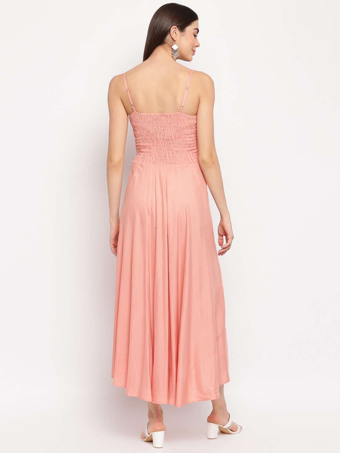 Women's Viscose Rayon Solid Shoulder Straps Sleeveless Flared Gown Drees (Peach) - Image 3