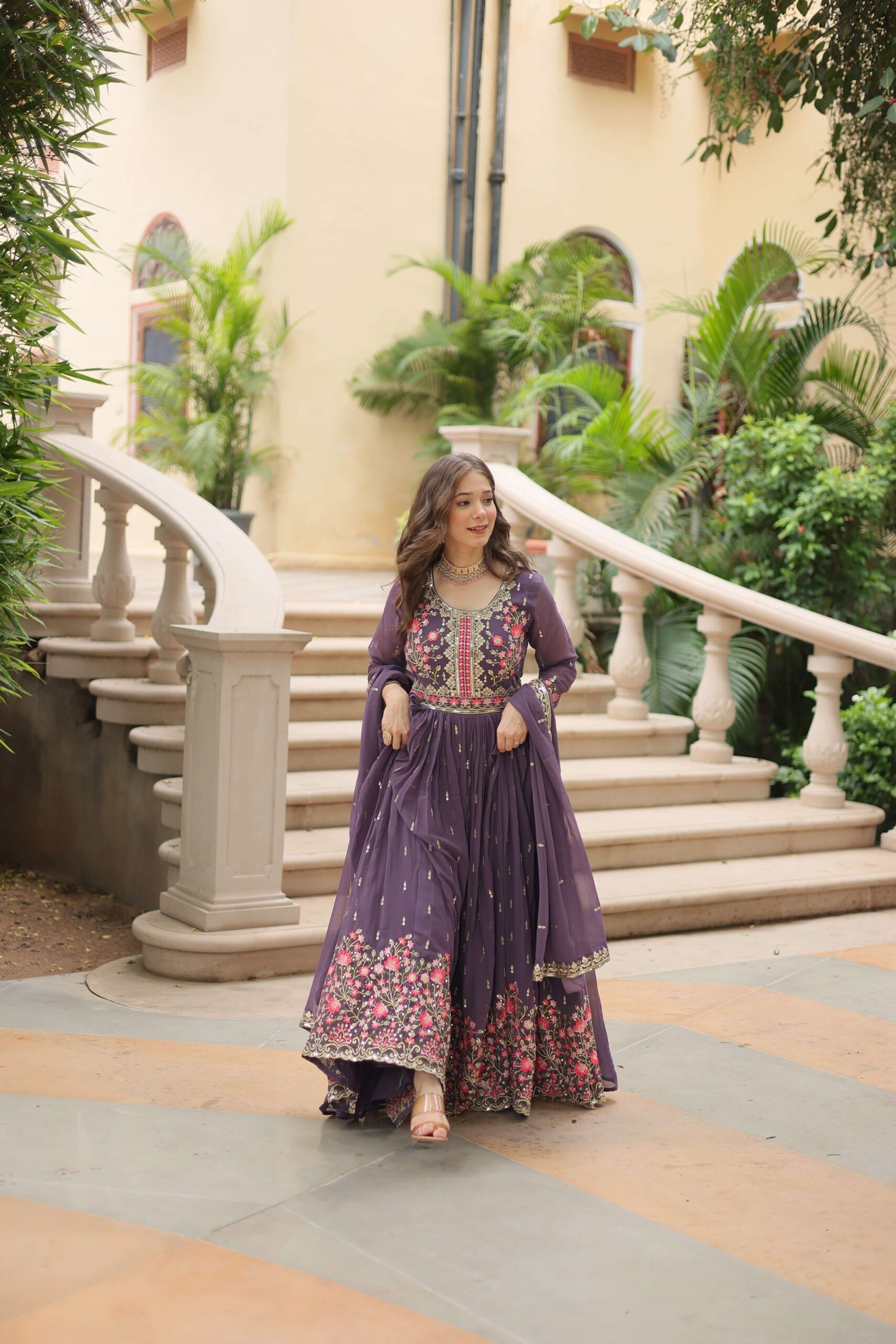 Onion Faux Georgette Sequins Embroidered Kurti with Sharara & Dupatta Set - Image 4