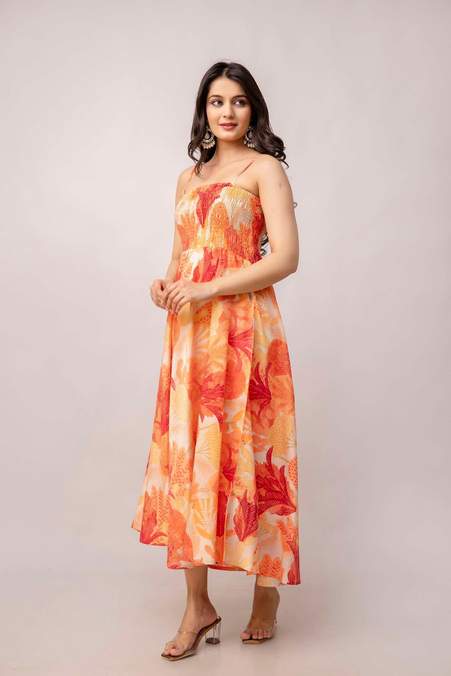 Women's Silk Printed Shoulder Straps Sleeveless Anarkali Gown Drees (Orange Leaf)