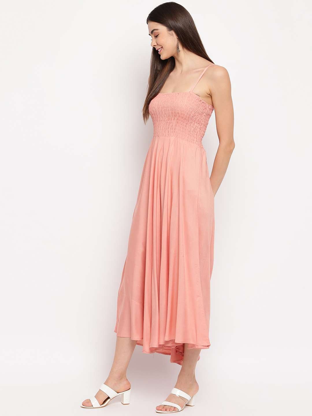 Women's Viscose Rayon Solid Shoulder Straps Sleeveless Flared Gown Drees (Peach)