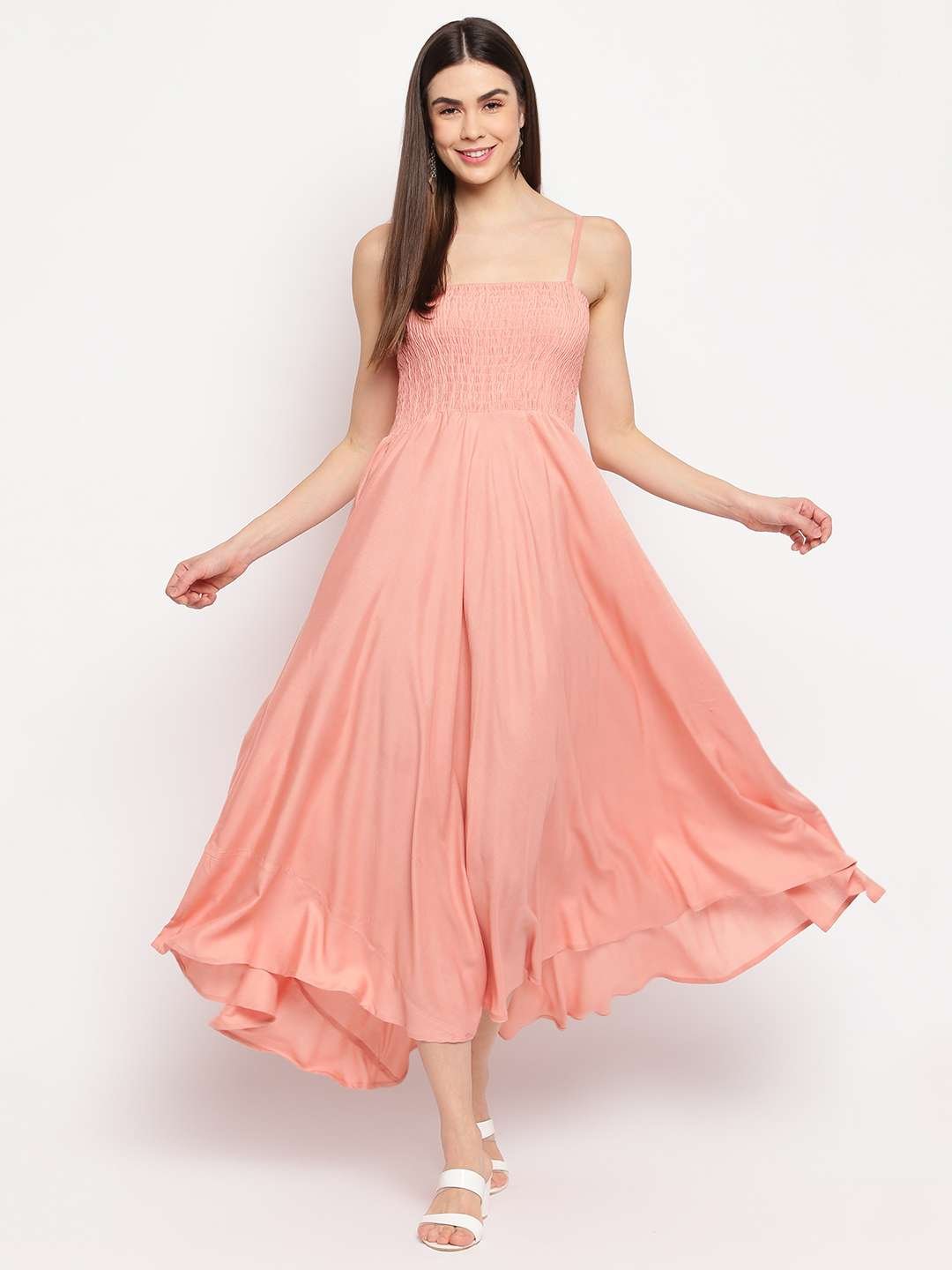 Women's Viscose Rayon Solid Shoulder Straps Sleeveless Flared Gown Drees (Peach) - Image 5