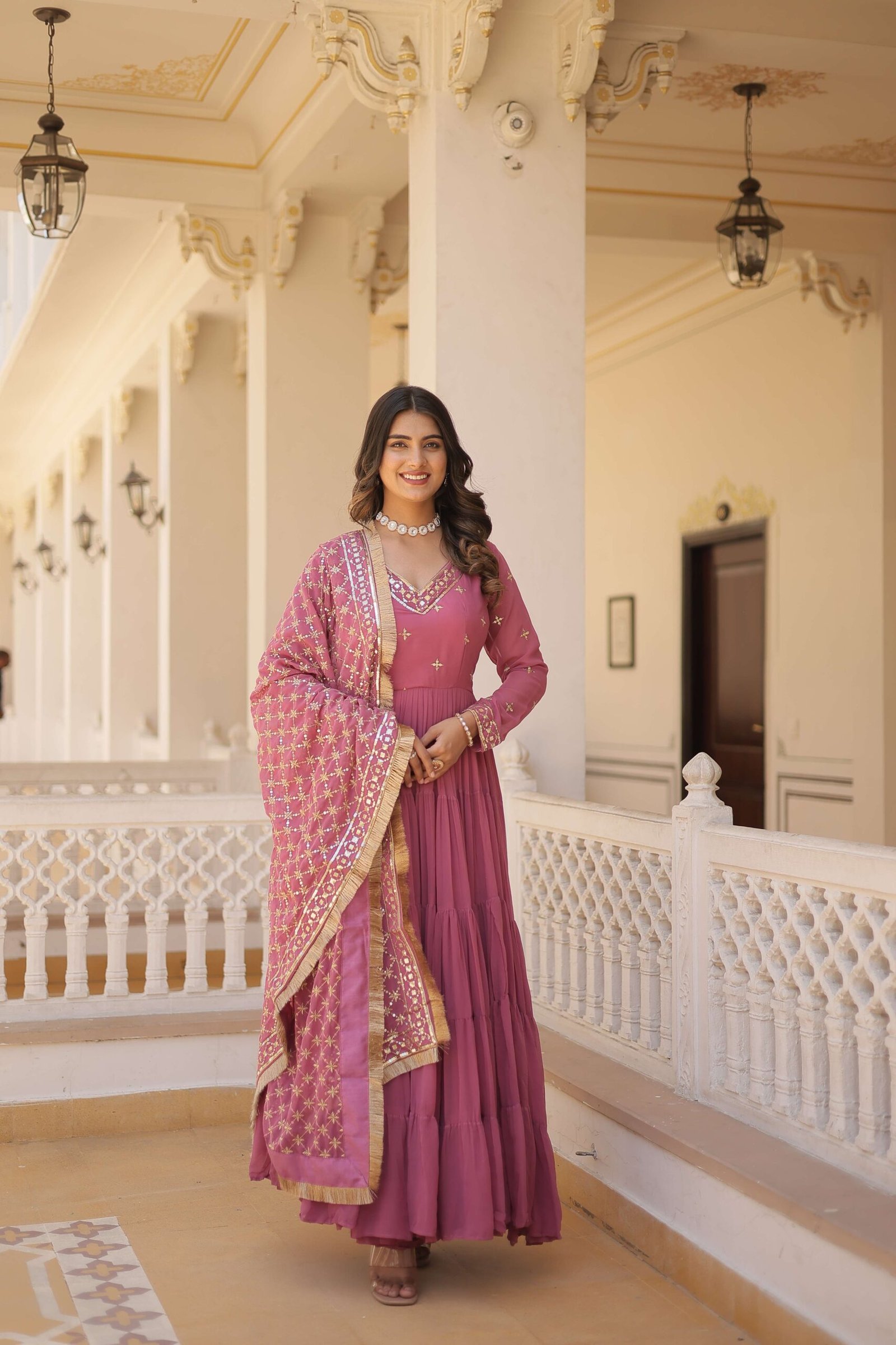Onion Designer Faux Georgette Gown with Sequined Dupatta ? Elegant Festive & Party Wear Set - Image 4