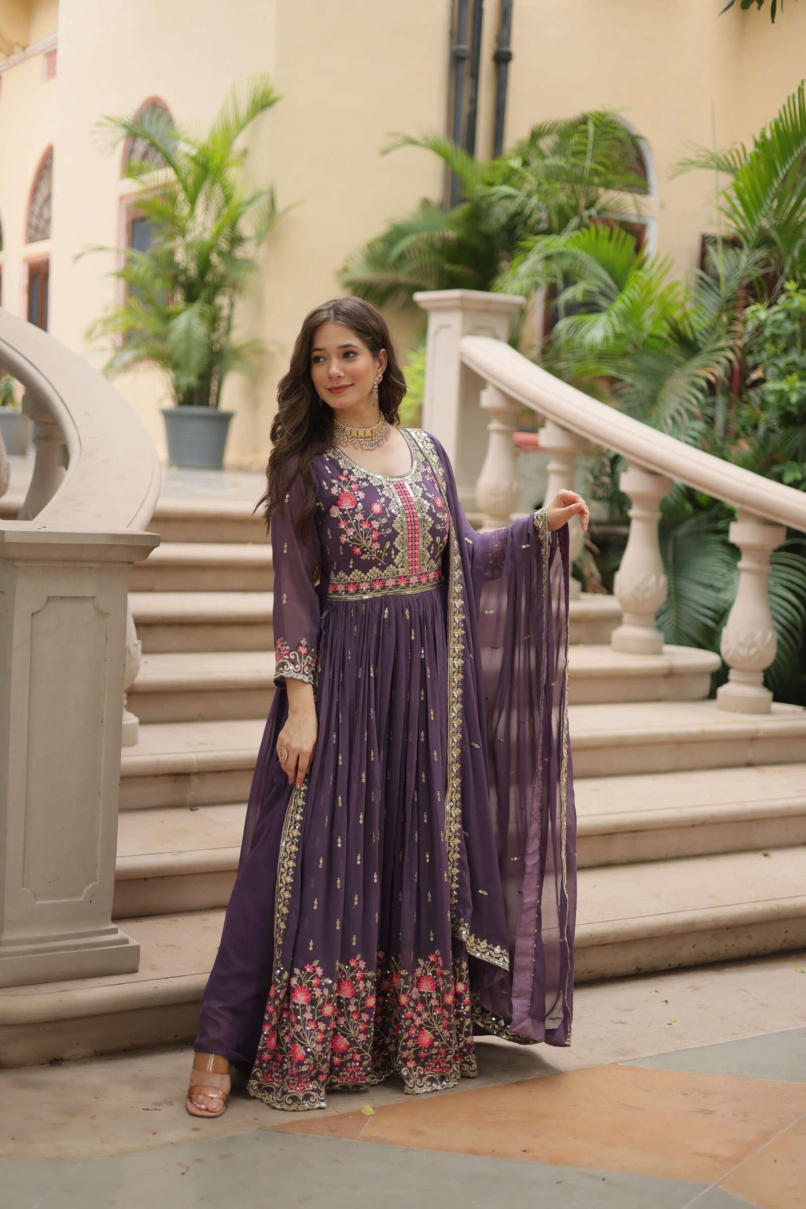 Onion Faux Georgette Sequins Embroidered Kurti with Sharara & Dupatta Set - Image 8