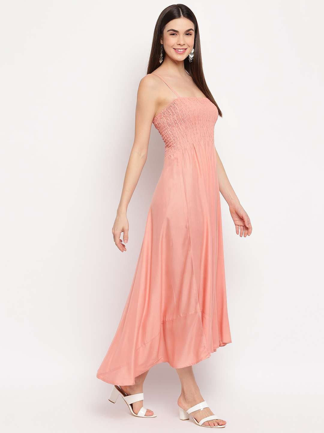 Women's Viscose Rayon Solid Shoulder Straps Sleeveless Flared Gown Drees (Peach) - Image 2