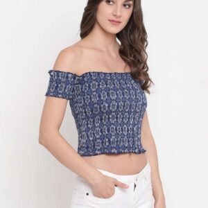 Women's Rayon Printed Off-Shoulder Smocked Crop Top Short Sleeve Casual Styles Tank Top (FREE SIZE) Multi42