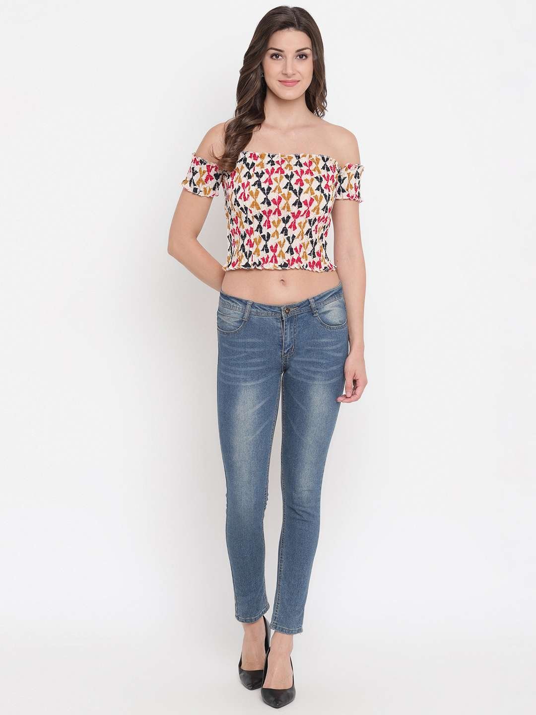 Women's Rayon Printed Off-Shoulder Smocked Crop Top Short Sleeve Casual Styles Tank Top (FREE SIZE) Multi31 - Image 4