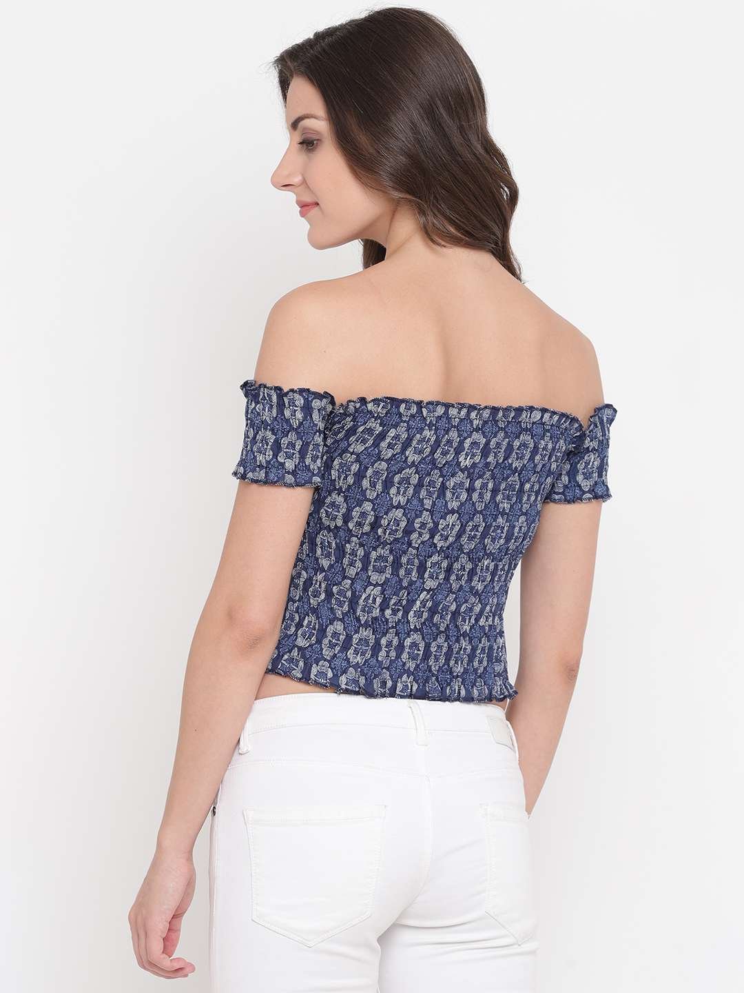 Women's Rayon Printed Off-Shoulder Smocked Crop Top Short Sleeve Casual Styles Tank Top (FREE SIZE) Multi42 - Image 3