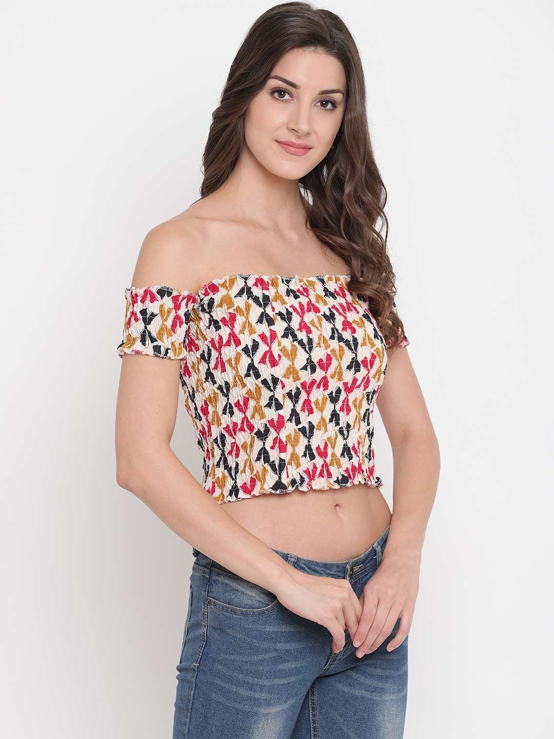 Women's Rayon Printed Off-Shoulder Smocked Crop Top Short Sleeve Casual Styles Tank Top (FREE SIZE) Multi31 - Image 2